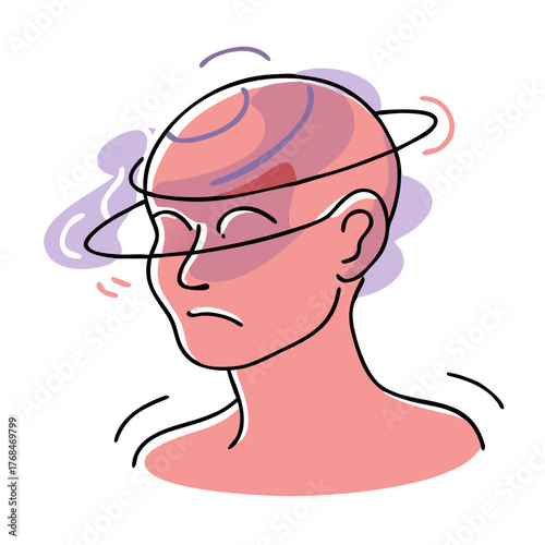 A whimsical cartoon icon of a person with a spinning ring around their head, symbolizing dizziness, confusion, or vertigo. Ideal for health blogs.