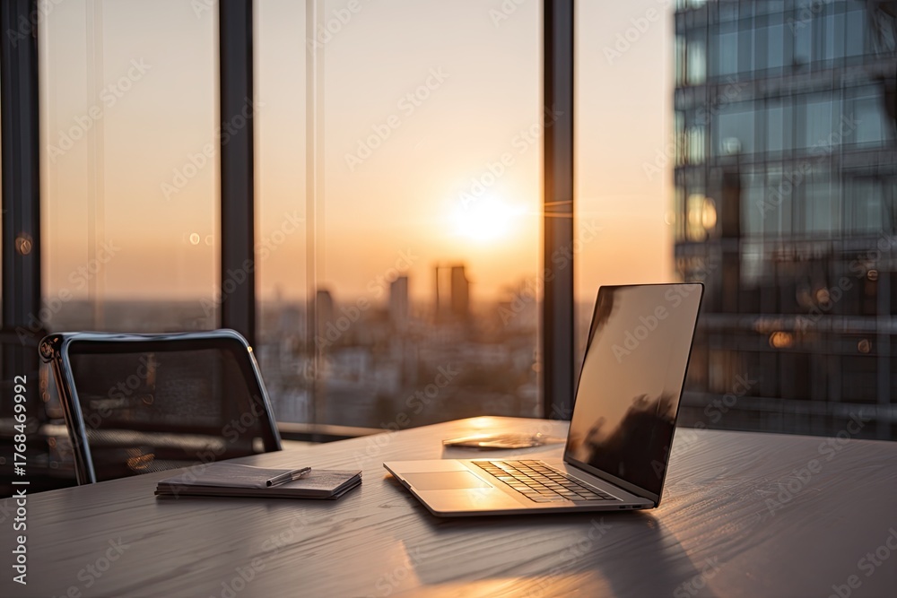 Fototapeta premium Laptop on desk by window overlooking city at sunset
