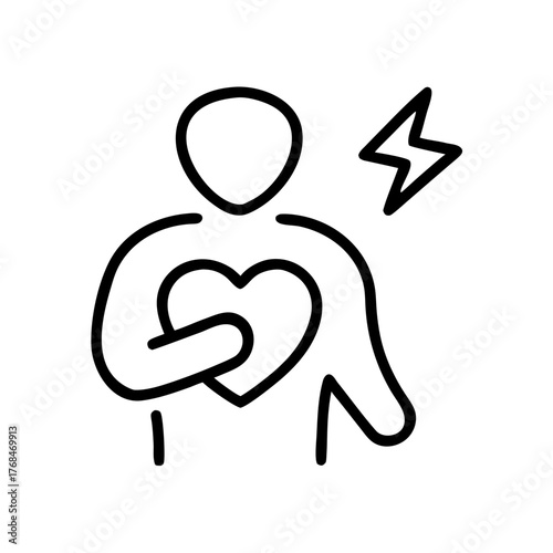 Minimalist line icon of a person holding a heart shape on their chest with a lightning bolt, symbolizing sharp cardiac pain, heart attack, medical emergency, or cardiovascular health issues 