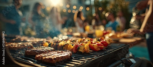 Outdoor barbecue party with grilled food and people celebrating
