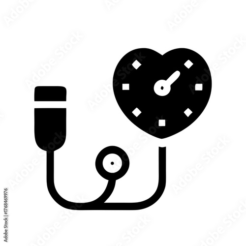 Black glyph icon of a heart-shaped manometer connected to an inflatable cuff, representing a blood pressure monitor (sphygmomanometer), health check, or cardiac care.