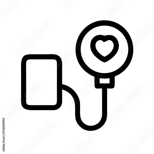 Minimalist line icon of a blood pressure monitor (sphygmomanometer) cuff and gauge with a heart symbol, representing cardiovascular health, hypertension, medical testing, 