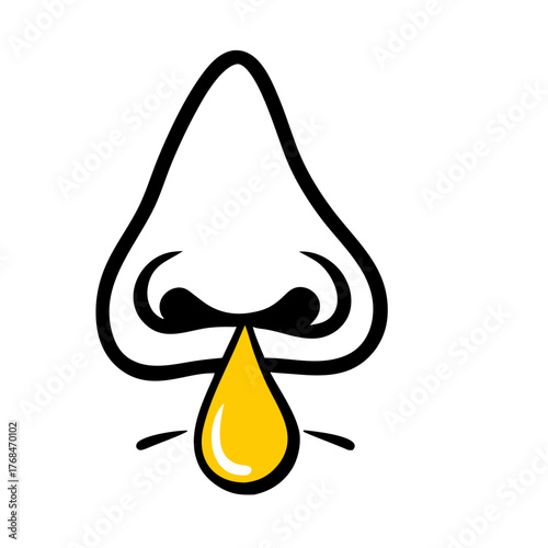 Simple cartoon line art of a nose with a large yellow droplet representing a runny nose, cold, flu, or allergies, symbolizing respiratory sickness and symptoms.