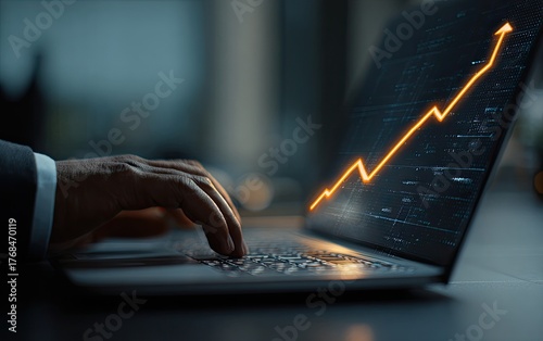 Close-up of a person's hands typing on a laptop displaying an upward trending graph