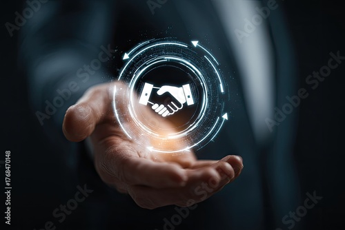 Digital handshake icon appears over open hand, symbolizing partnership