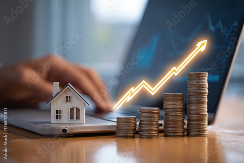 Growing stacks of coins and house model near laptop with graph