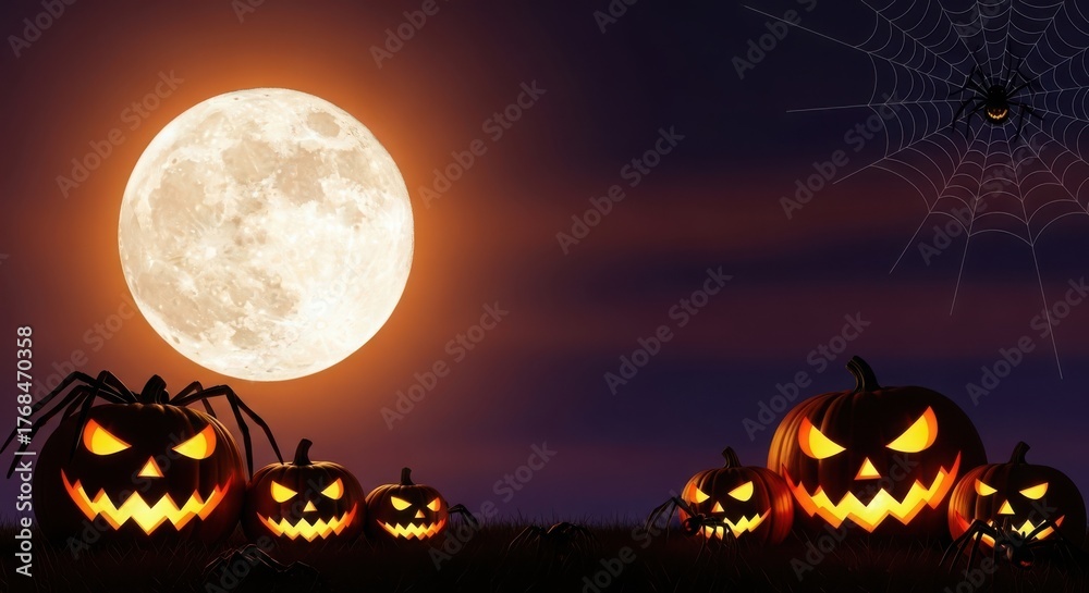Fototapeta premium Spooky halloween night with carved pumpkins and a full moon