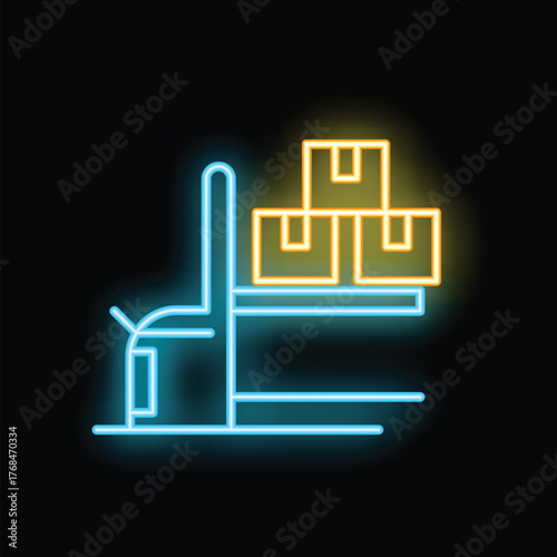 Neon forklift lifting boxes on black background, concept of delivery service and transportation