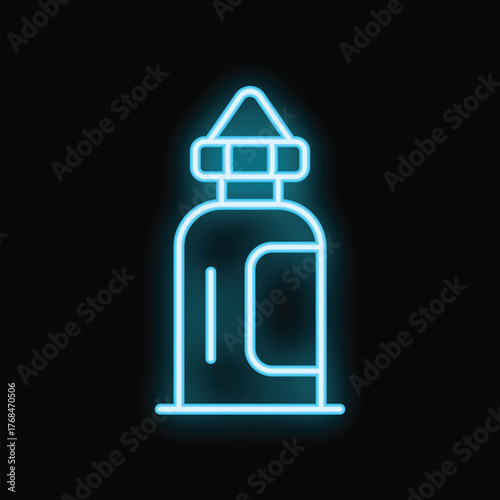Neon blue icon of a vaporizer bottle for electronic cigarette vaping, isolated vector illustration