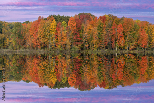 Autumn landscape at dawn of the shoreline of West Twin Lake with mirrored reflections in calm water, Kalamazoo, Michigan, USA