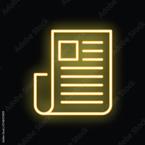 Yellow neon icon of a newspaper glowing on a black background