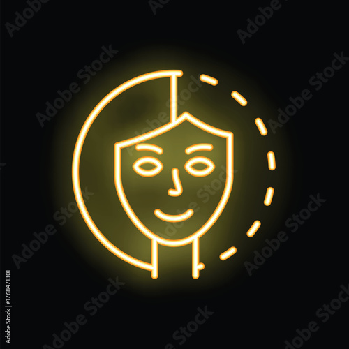 Neon sign showing a woman face partially circled by a dotted line, evoking plastic surgery and aesthetic medicine