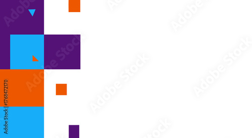 Modern Abstract Geometric Background. Vibrant Blocks (Purple, Cyan, Orange) with Grid Pattern and Ample White Copy Space.