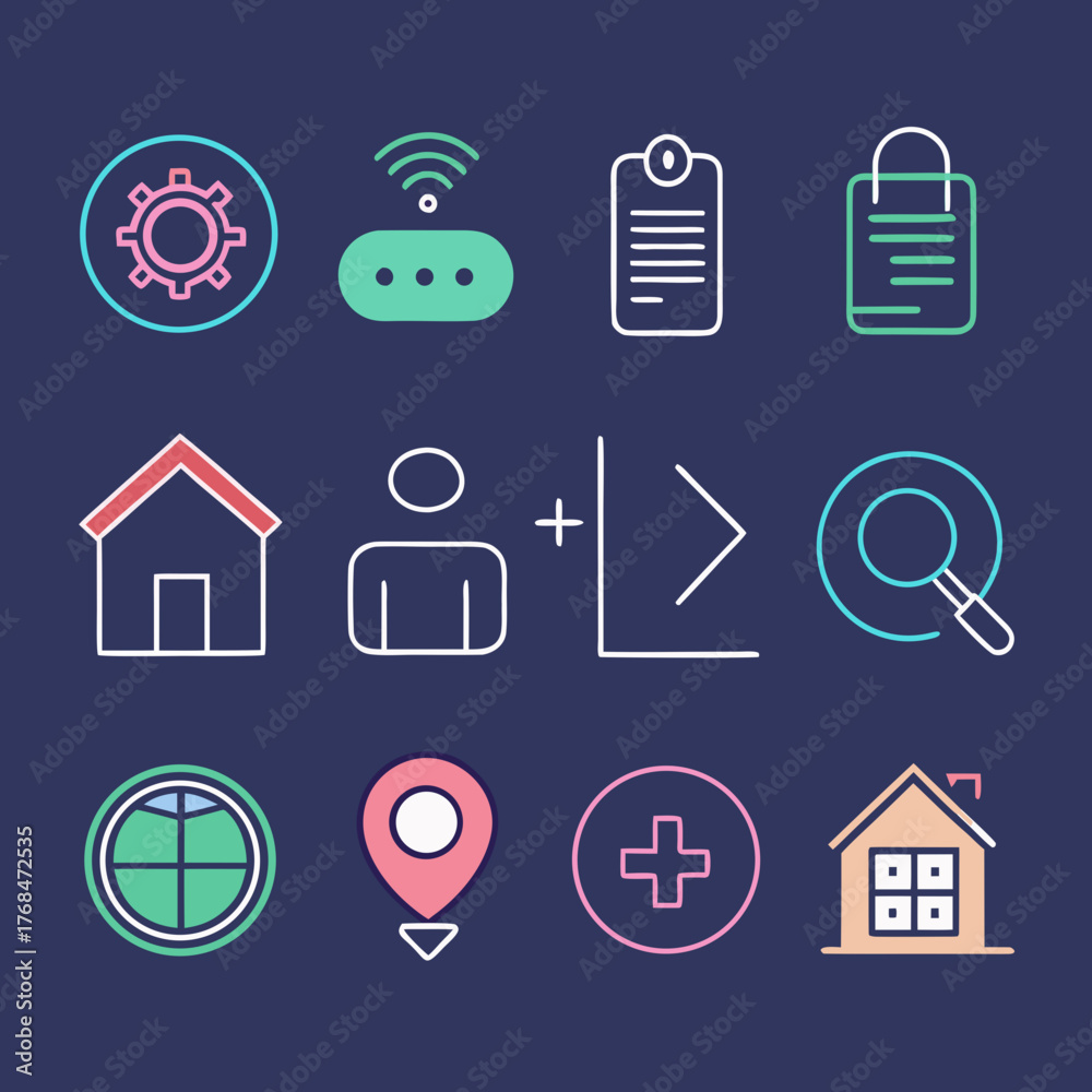 Fototapeta premium Minimalist flat line vector icons for UI actions — home, search, settings, user, notification.