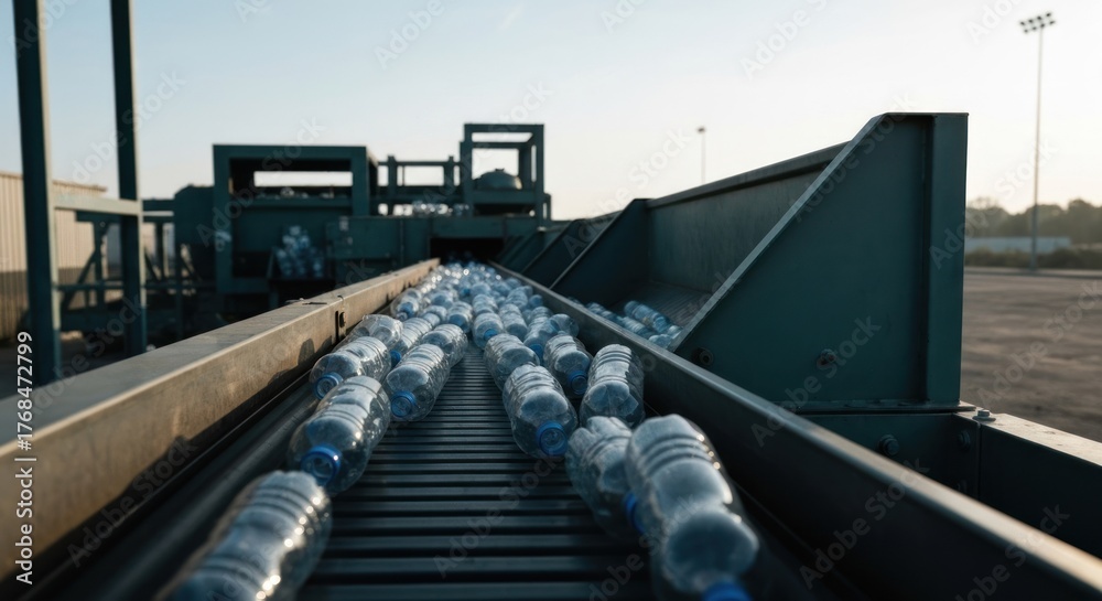Obraz premium Bottles on conveyor belt lead into an industrial recycling machine outdoors