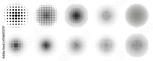 Dotted circles set, round shapes with halftone effect, dot elements collection