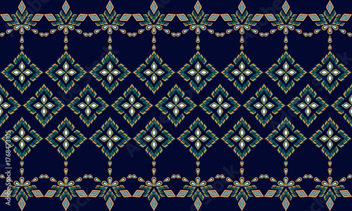 Seamless border pattern with applied Thai geometric flowers in gold and teal on a dark blue background.