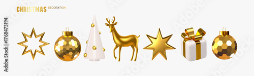 Set of 3D Christmas decorations with golden bauble, white cone tree, reindeer, gift box with ribbon and stars. Elegant festive elements for winter New Year holiday design. Vector illustration.