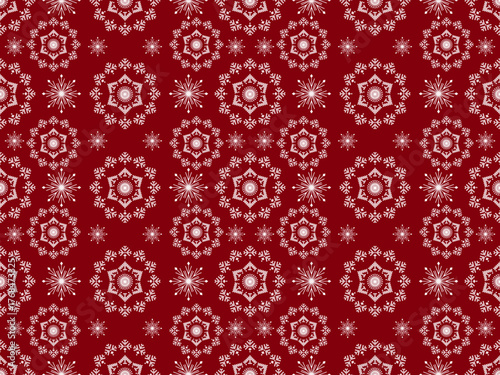 Dark red seamless pattern with symmetrical silver floral-snowflake motifs, creating a luxurious and festive feel. (106 characters)