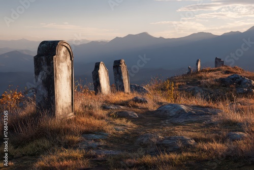 An old cemetery sitting atop a rocky hill during the day.  Mountain range behind the old grave stones. The grass is brownish gold. 