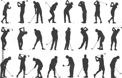 Golf swing sequence vector silhouettes for golf training and golf instruction