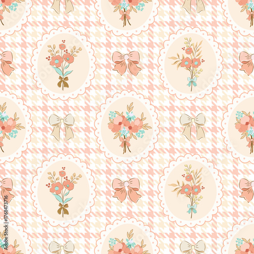 Preppy flirty flower bouquet with bow in frame seamless pattern on check bow background. Vector cute cartoon hand-drawn illustration. Tartan check, textile, baby clothes, wallpaper, scrubbing, fabric