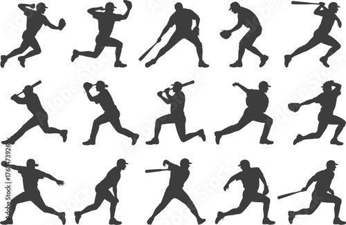 Baseball player silhouette vector set hitting throwing catching running poses