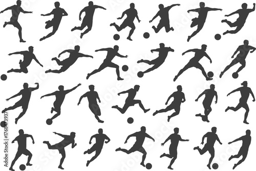 Soccer players silhouettes vector set football action poses and kicking ball art