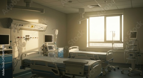 Bright, sterile hospital room with two empty beds lit by sunlight