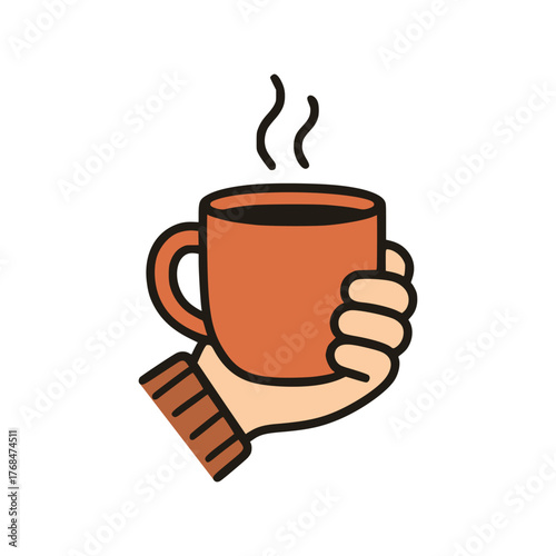 Hand holding hot coffee mug vector illustration in flat minimalist style with warm brown color tones
