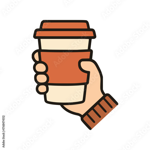 Hand holding takeaway coffee cup vector illustration in flat style with warm brown color palette