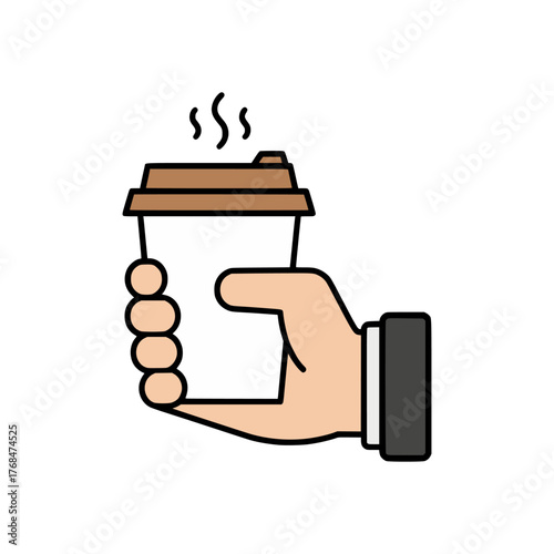 Hand holding takeaway coffee cup vector illustration in flat minimal style with brown lid and white background