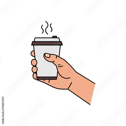 Hand holding hot coffee cup with steam simple flat vector illustration on white background