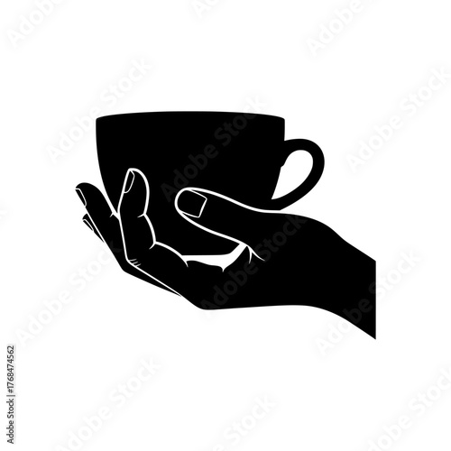 Elegant female hand holding tea cup black silhouette design minimalist vector style illustration