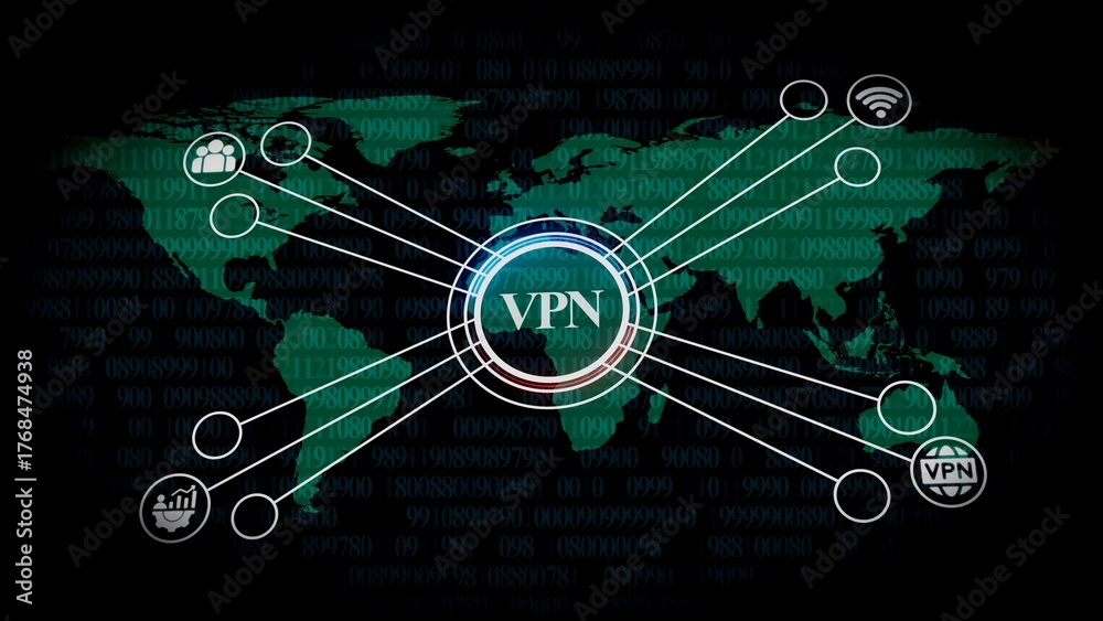 Fototapeta premium Global VPN Network Connection Concept with World Map and Digital Data Overlay virtual private network