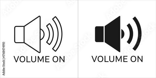 Two speaker icons with sound waves, one outlined and one solid black, labeled volume on