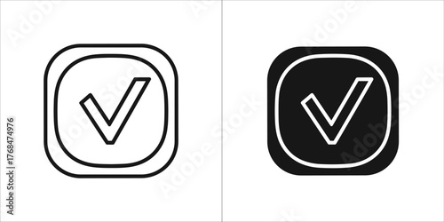 Check mark icon in a square frame, , presented in outline and solid black versions