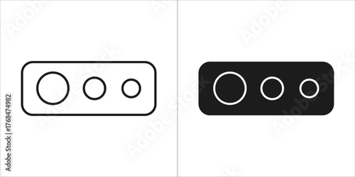 Three circles of varying sizes in a rectangular frame, , shown in outline and solid black