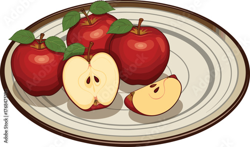 Apple plate illustration with whole and sliced fruit, vibrant vector design for food, nutrition, and autumn harvest concept
