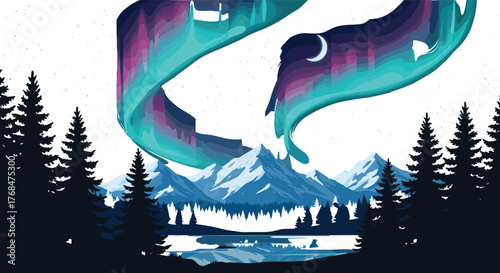 Aurora borealis landscape illustration, Northern Lights over forest and lake, mountain night scene, crescent moon, vector design, nature phenomenon