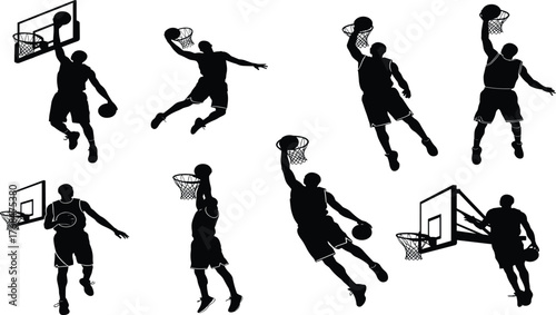 Basketball icon set, slam dunk silhouettes with hoop interaction showing airborne motion, athleticism, sport, power, vector design, black grid