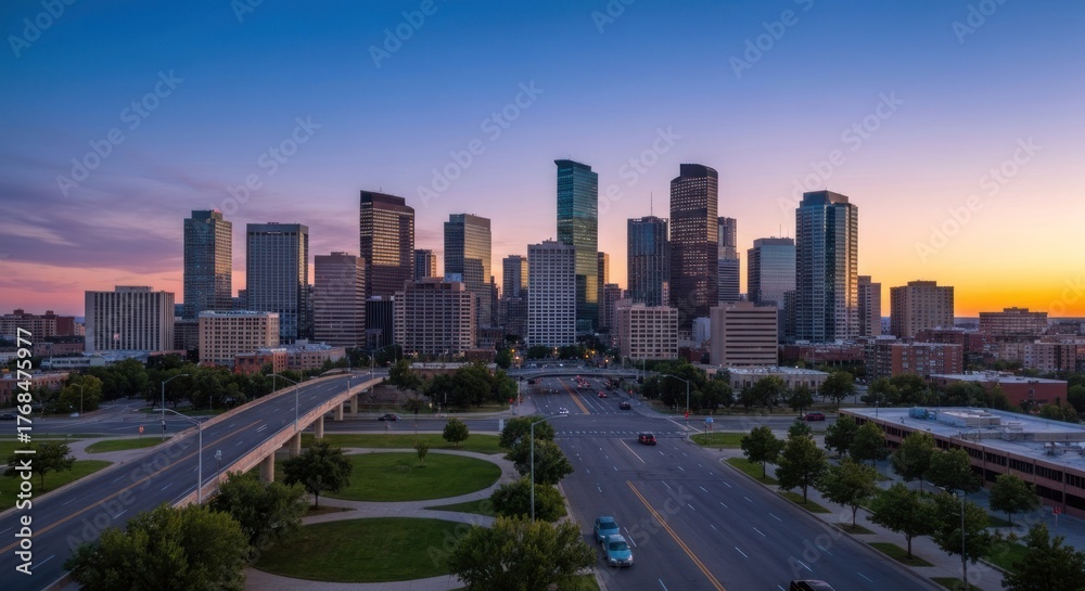 Fototapeta premium City skyline at dawn, featuring skyscrapers and a highway leading in