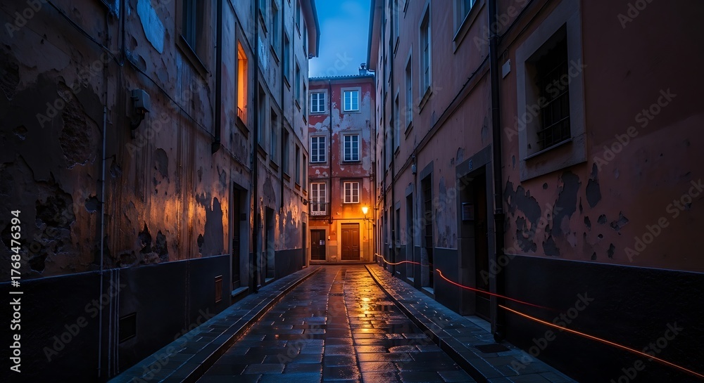 Fototapeta premium Enchanting Twilight Alley - Wet Cobblestones Mirror Warm Window Glow in Historic City.