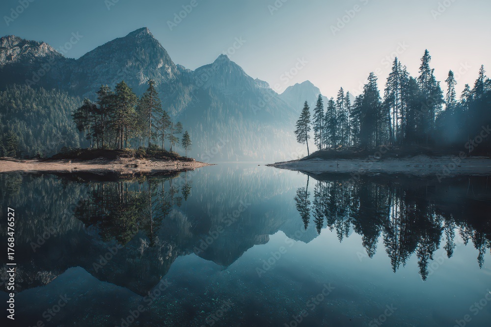 Naklejka premium A still lake reflects the mountainous landscape and wooded shores, creating a symmetrical and serene image that captures the tranquility of nature.