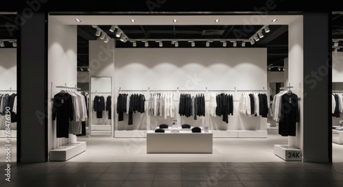 Clean shop interior with clothes on racks under bright spotlights