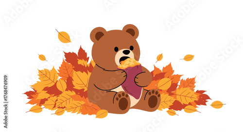 A charming illustration of a brown bear savoring a hot sweet potato nestled in a cozy heap of orange and yellow autumn leaves.