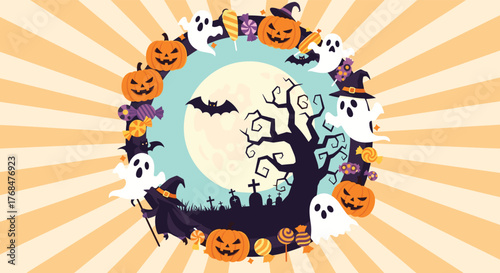 Festive Halloween circular frame of ghosts, pumpkins, and candy surrounds a spooky graveyard scene with a full moon, haunted tree, and bat.