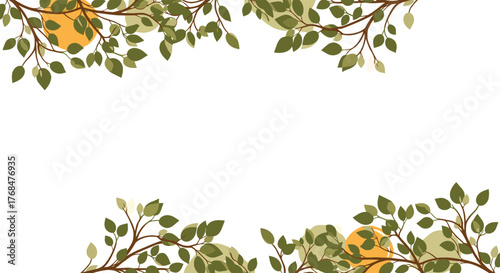 Nature-inspired border of lush green leaves and tree branches, with soft yellow circles, on a clean white background.