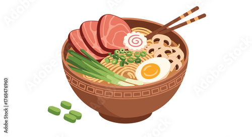 Detailed vector illustration of a hearty Japanese ramen bowl, featuring noodles, pork, egg, mushrooms, green onions, narutomaki, and chopsticks.