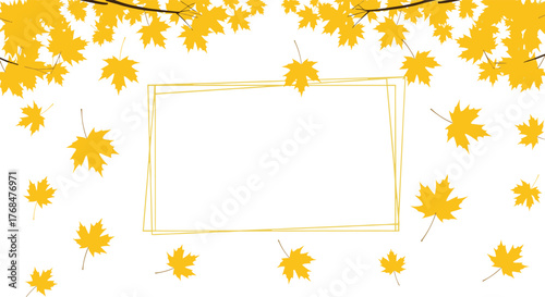 Autumn maple leaves falling and bordering a blank golden frame on a white background, creating a festive fall-themed template for text.